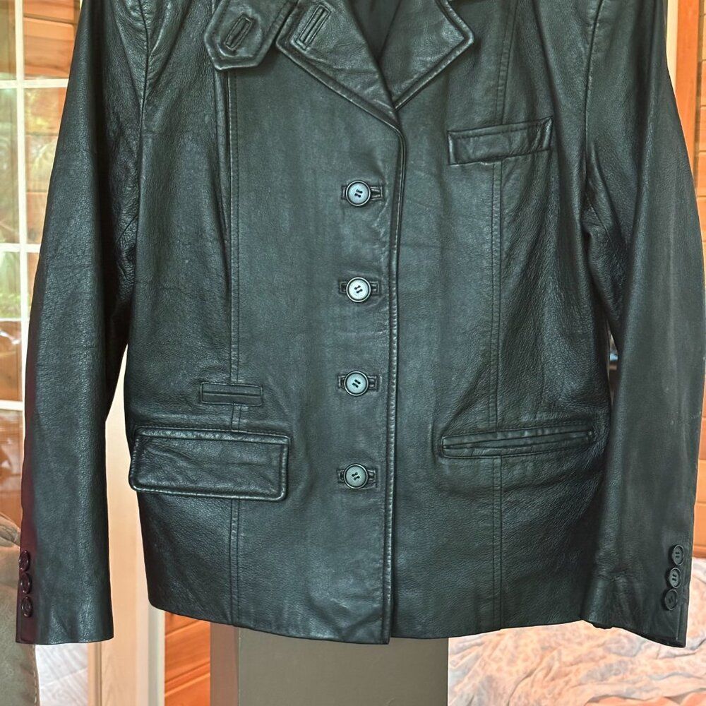 Leather Jacket Women L Size 12 Black Button Down Warm Pristine Biker Moto 50’s - Picture 4 of 13